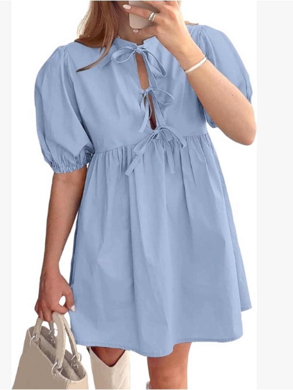 Light Blue Puff-Sleeve Tie-Front Mini Dress